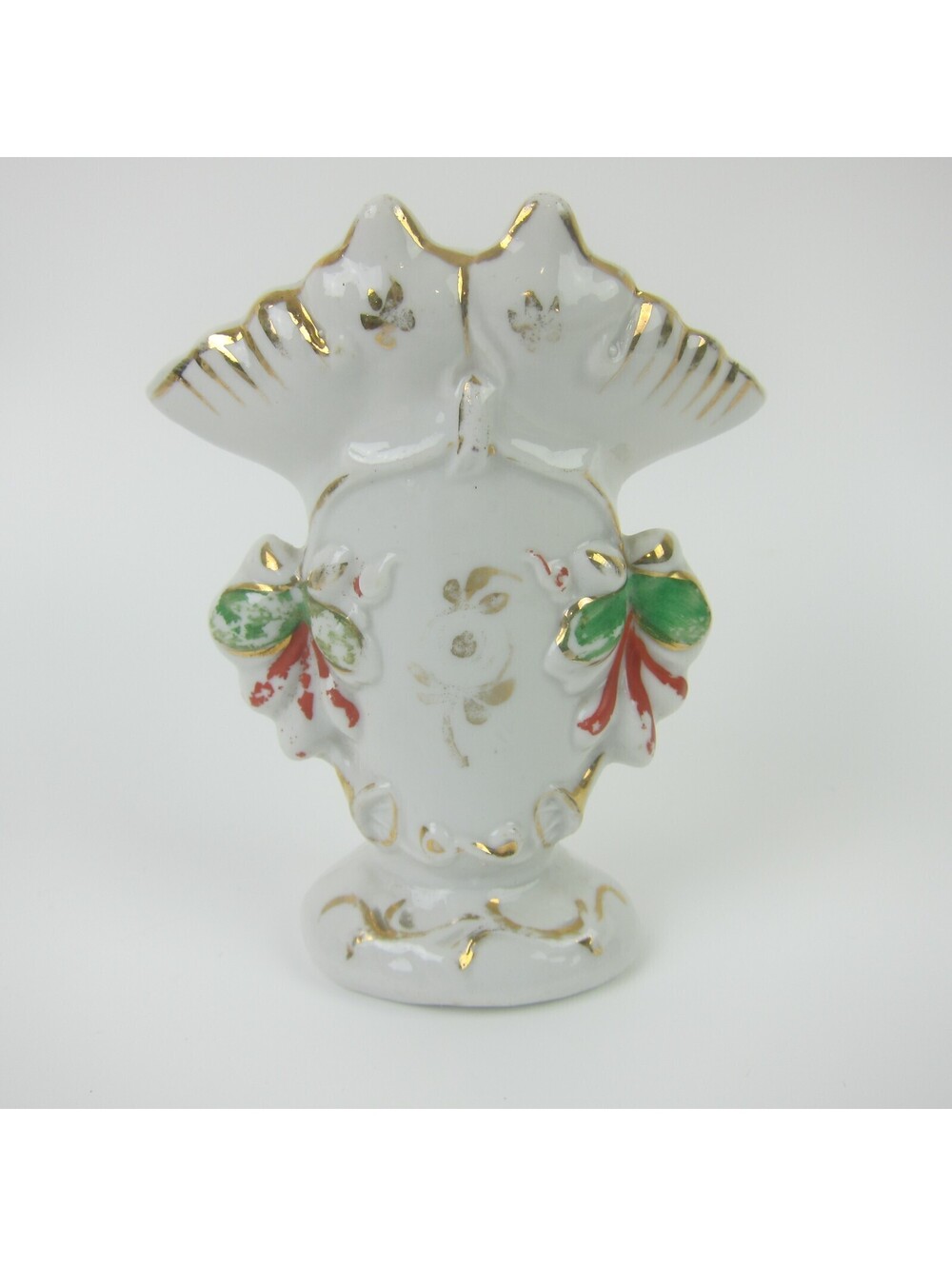 Antique Porcelain Mini Bud Spill Vase 4" Green Red Ribbon Gold Floral Accents